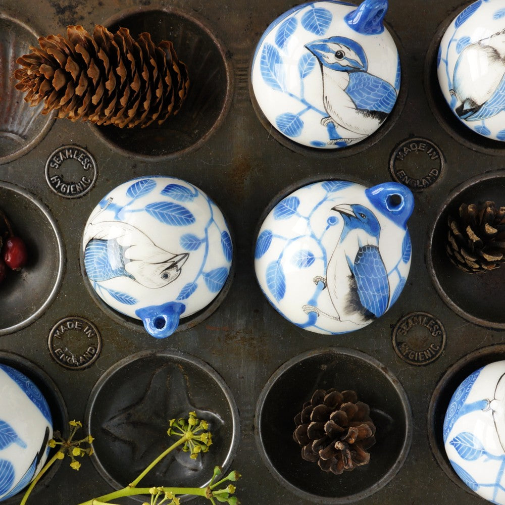 Hand-Painted Ceramic Baubles with Blue Bird and Foliage Design