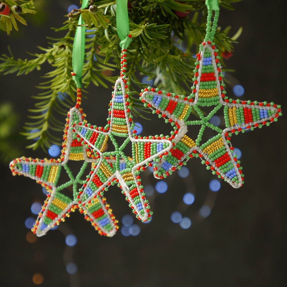 Multi-Coloured Beaded Christmas Stars - Set of 3