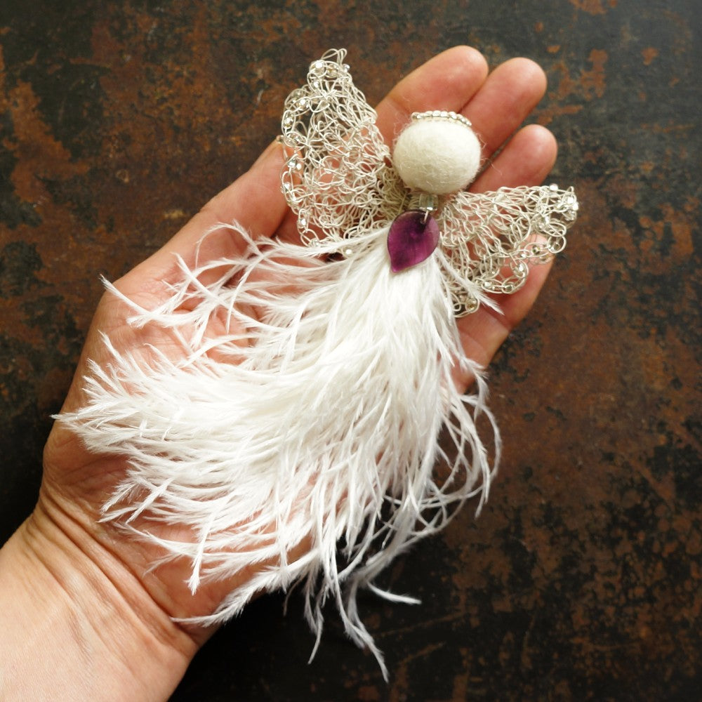 Angel Kiran - Medium Ivory Wings with Purple Leaf Necklace