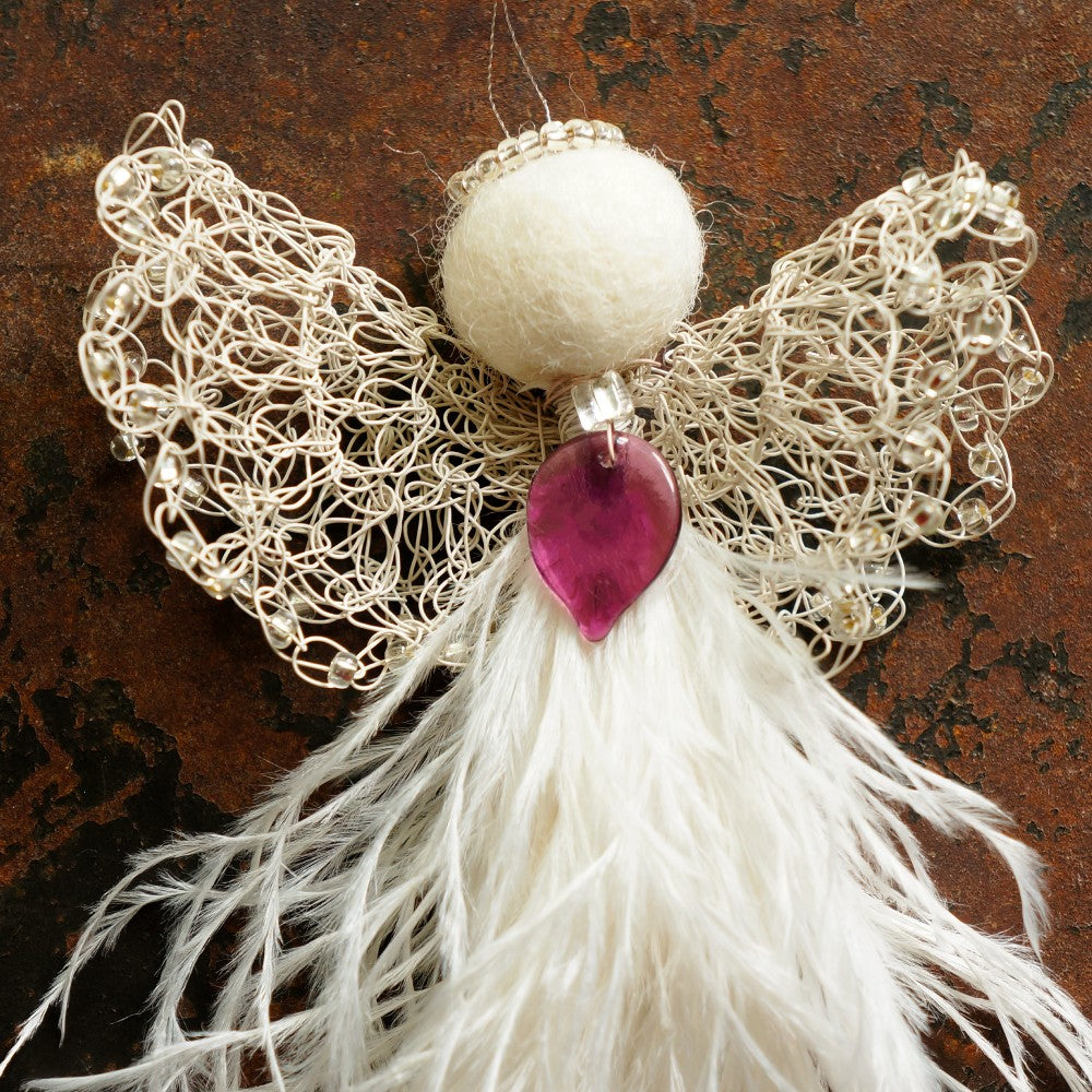 Angel Kiran - Medium Ivory Wings with Purple Leaf Necklace