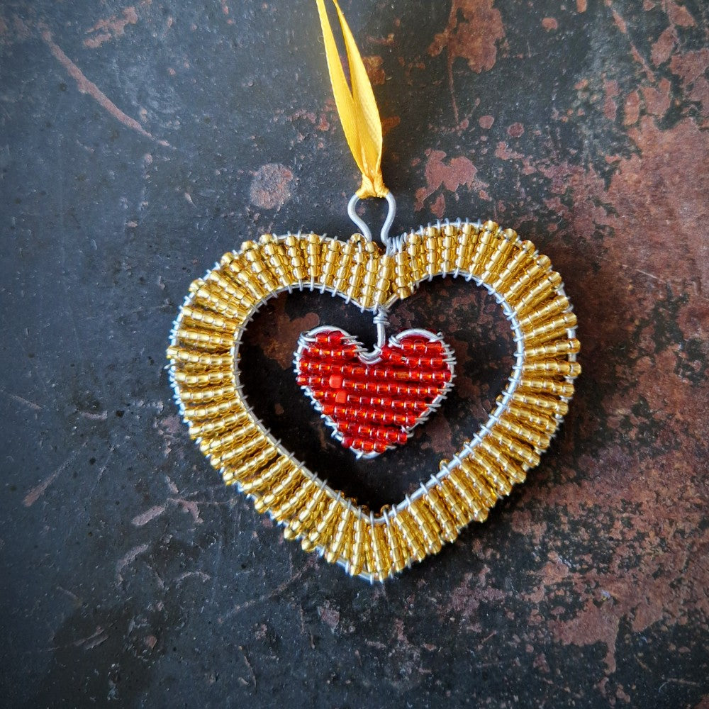 Beaded Double Heart Decoration