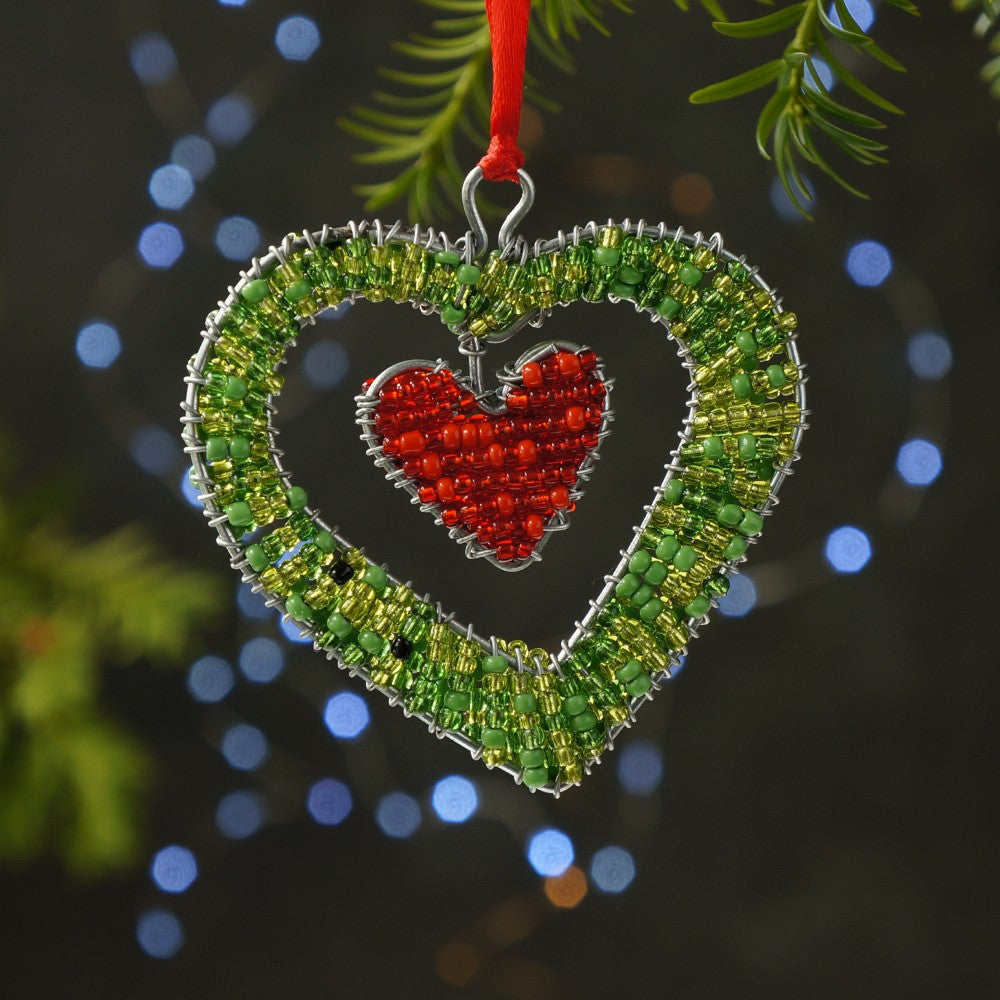 Handcrafted Double Heart Wire and Beaded Hanging Christmas Decoration