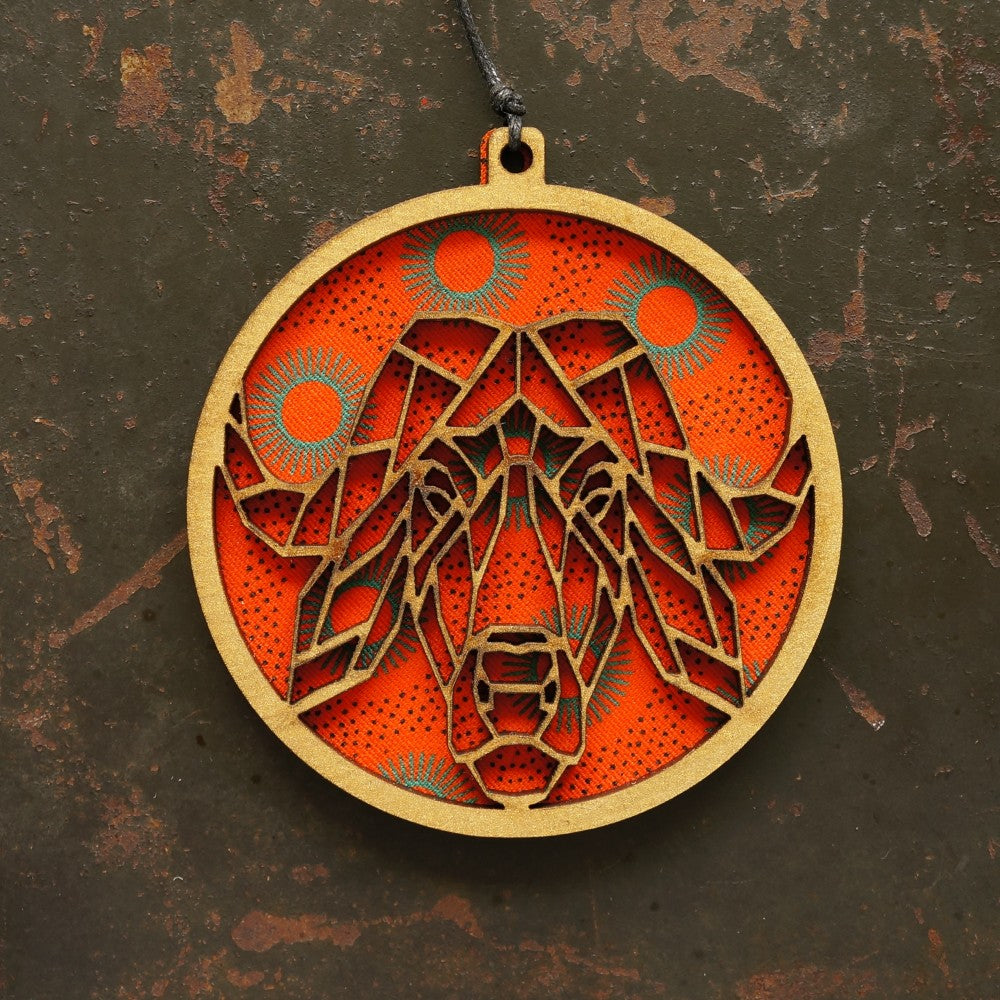 Cape Buffalo Shweshwe Wooden Ornament