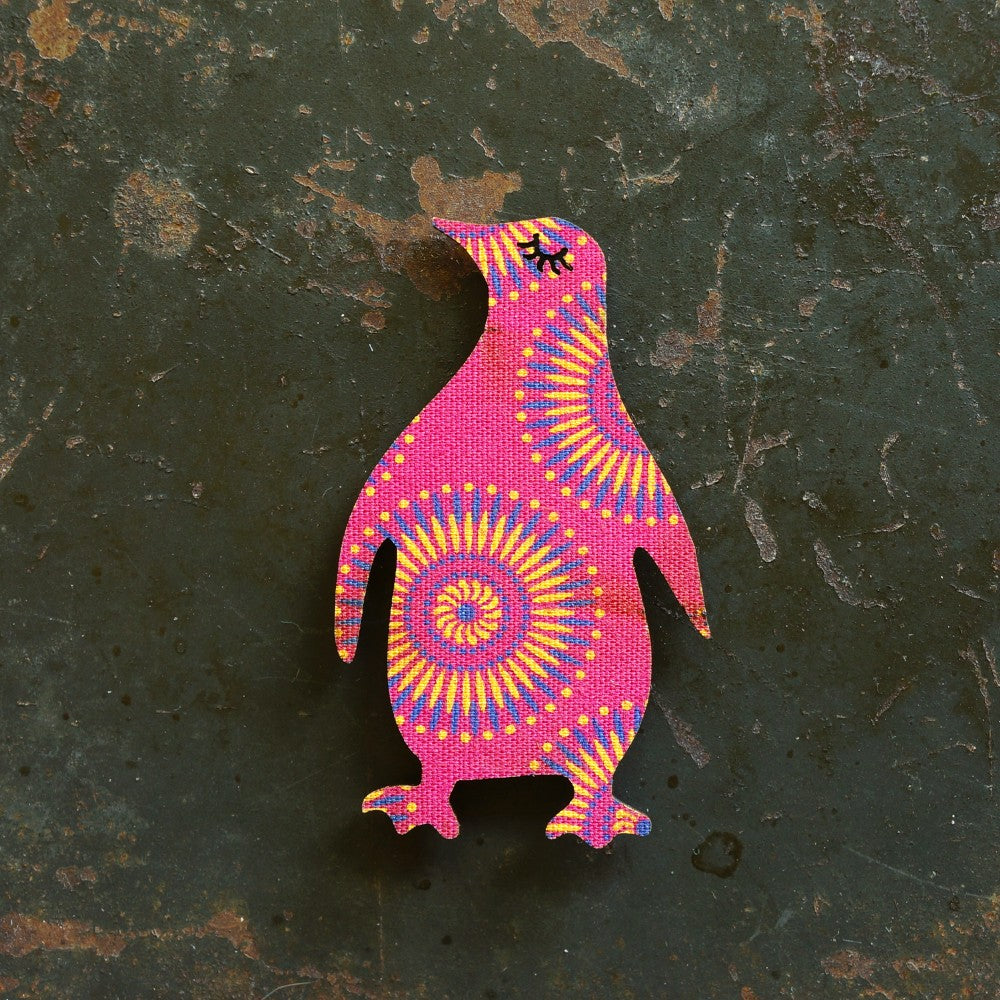 African Penguin Magnet covered with vibrant South African Shweshwe fabric.