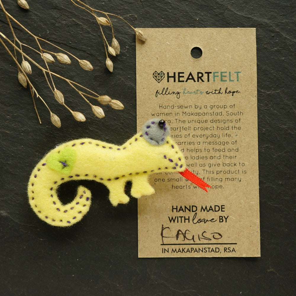 Hand-sewn Chameleon Brooch with a signed card