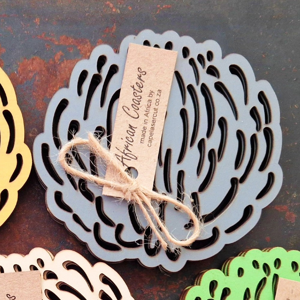 Pincushion Protea Laser‑Cut Wooden Coasters – Set of 4