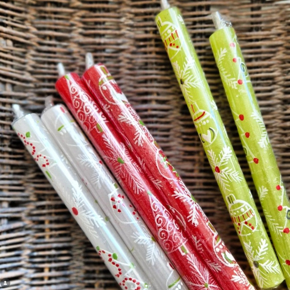 Hand‑Painted Christmas Frosted Dinner Candles - Set of 2