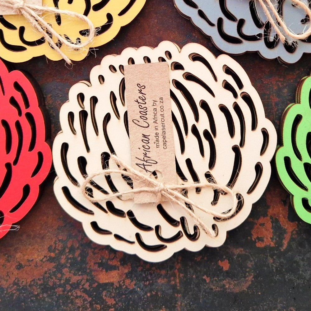 Pincushion Protea Laser‑Cut Wooden Coasters – Set of 4