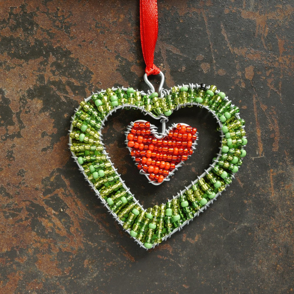 Double Heart Wire and Beaded Decoration