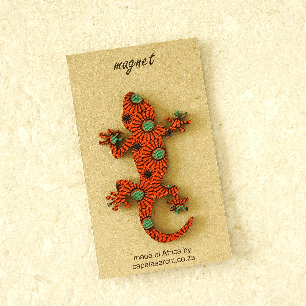 Gecko Magnet covered with vibrant South African Shweshwe fabric.