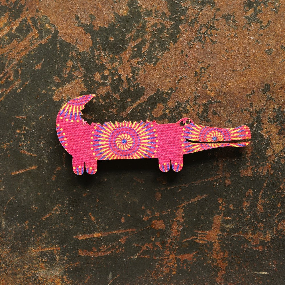 Crocodile magnet covered with vibrant South African Shweshwe fabric.