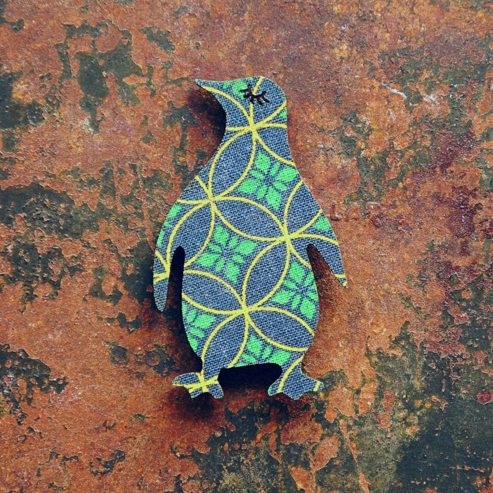 African Penguin Magnet covered with vibrant South African Shweshwe fabric.