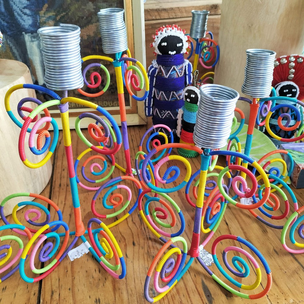 Handmade Multi-Coloured Wire Candlestick Holders