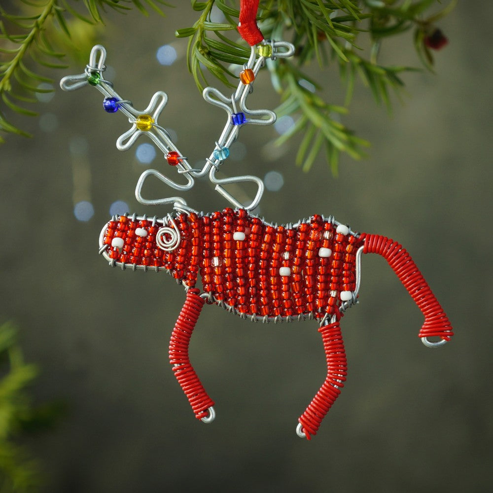 Beaded Reindeer Christmas Decoration - Red