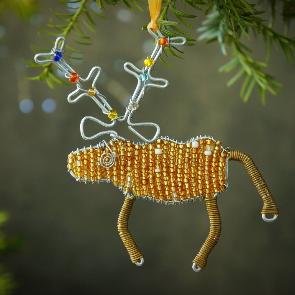 Beaded Reindeer Christmas Decoration - Gold