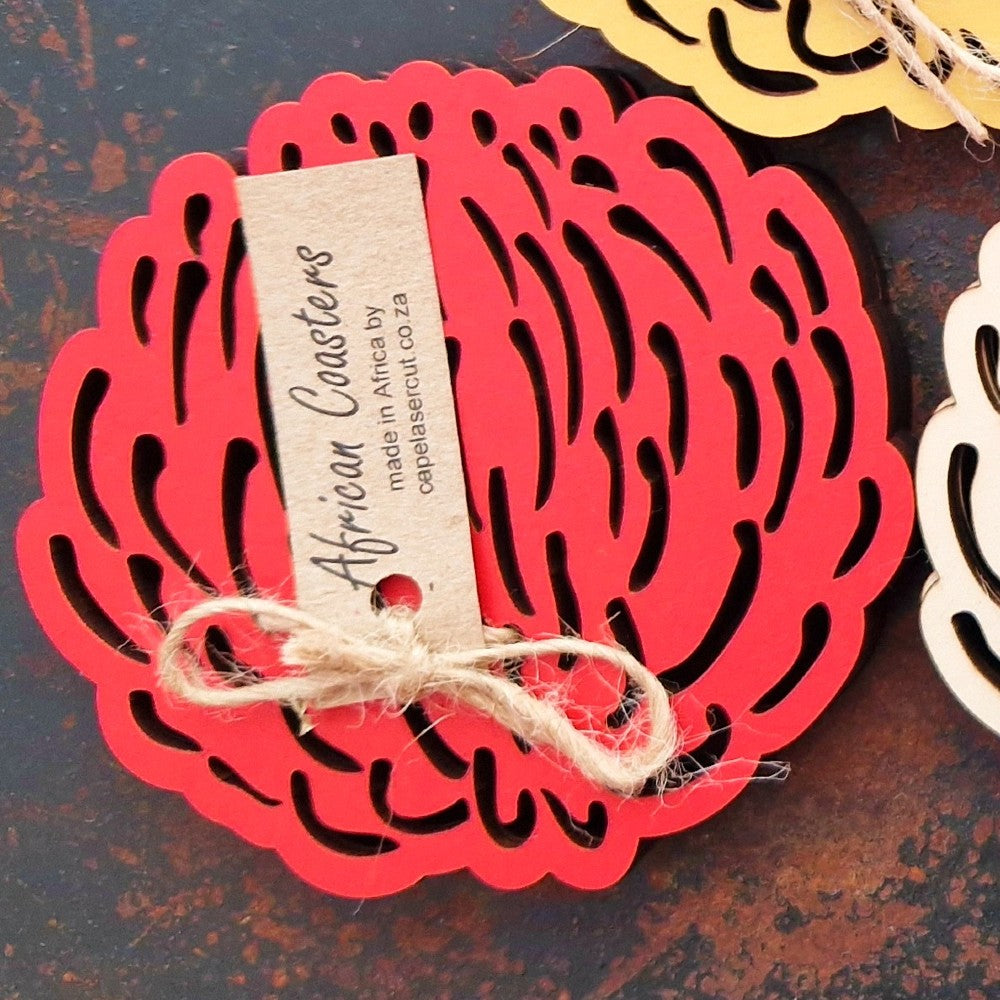 Pincushion Protea Laser‑Cut Wooden Coasters – Set of 4