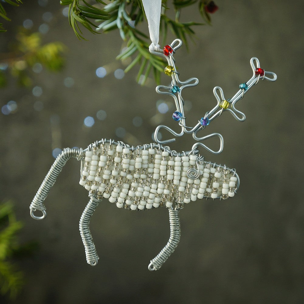 Beaded Reindeer Christmas Decoration - White/Silver