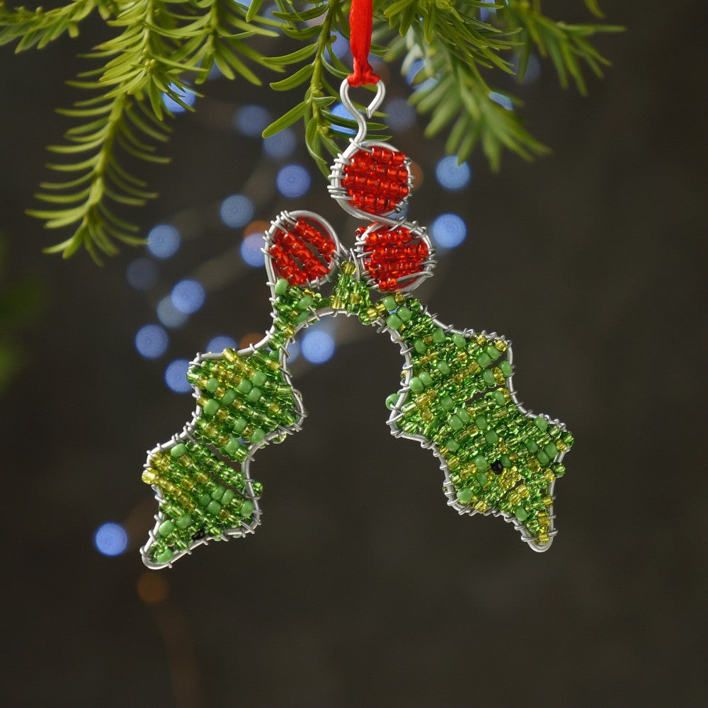 Holly Wire and Beaded Decoration