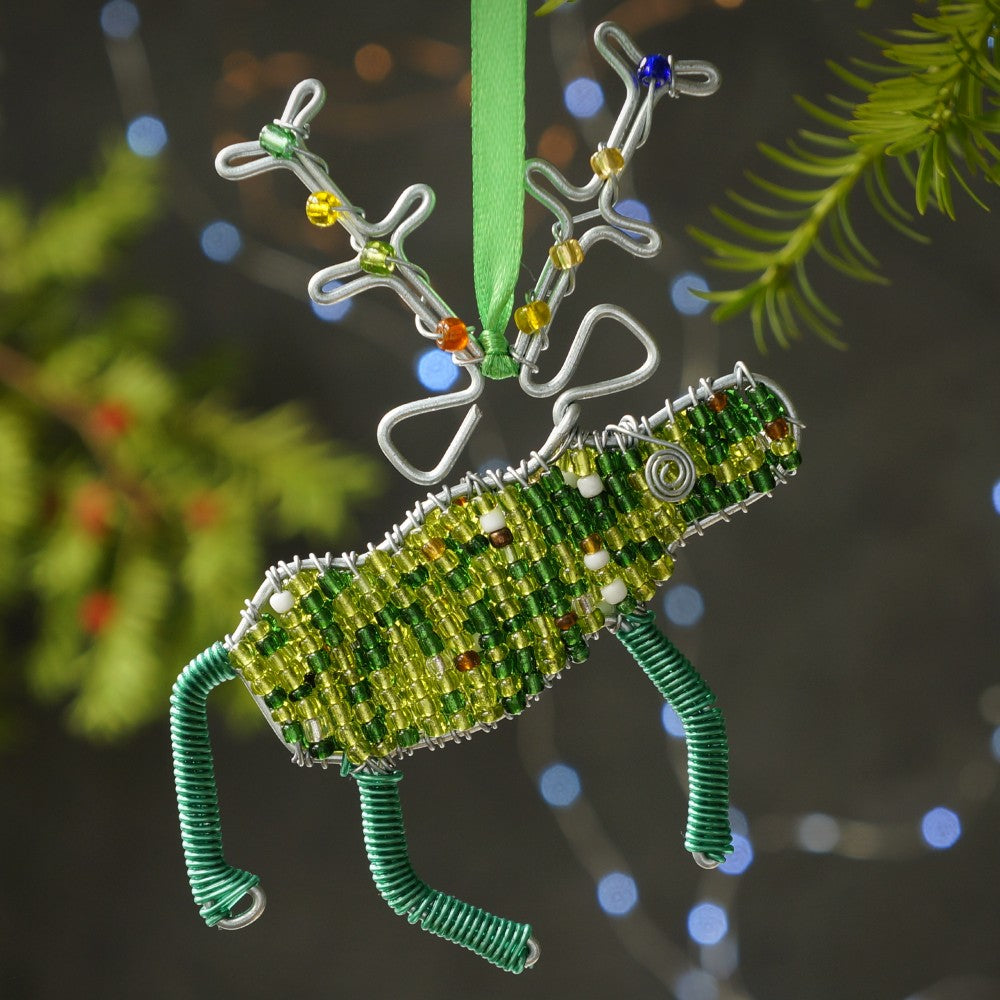 Beaded Reindeer Christmas Decoration - Green